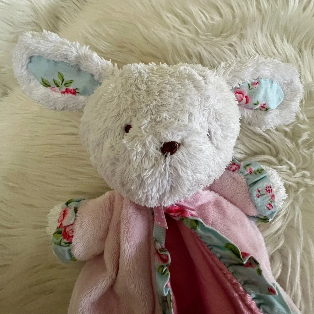 Carters Pink Floral Bunny Rabbit Security Blanket Lovey Satin Trim Rattle Plush
